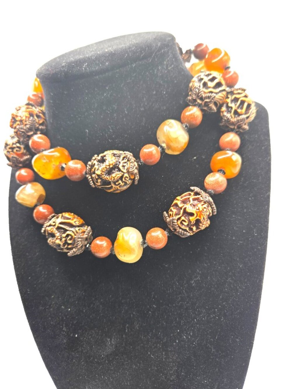 Artisan Peach Pit Carved Dragon Necklace with Agate, Goldstone & Copper